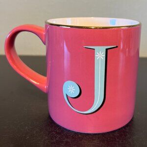 OPALHOUSE Letter J  Initial Monogram Pink & Metallic Gold Ceramic Mug ~ Ribbed